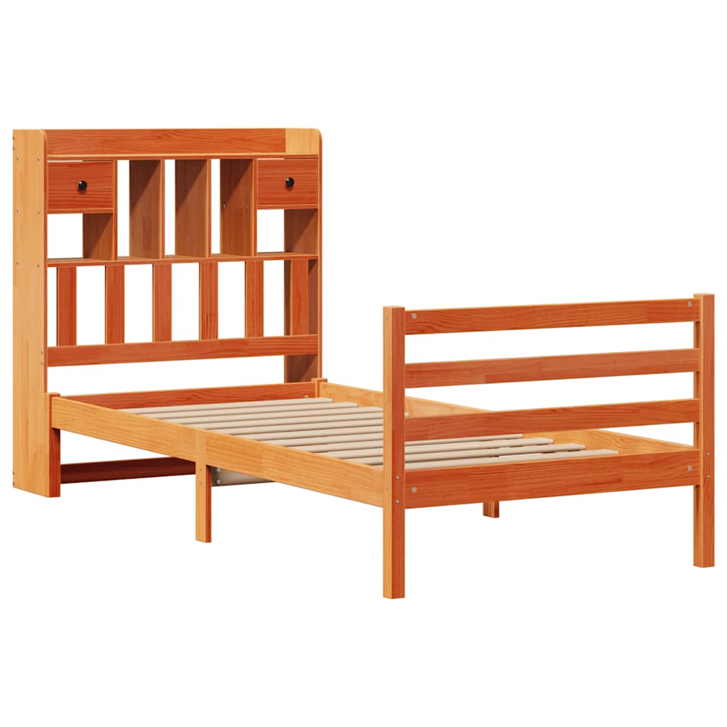 barna tömör fenyőfa könyvespolcos ágy matrac nélkül 75 x 190 cm