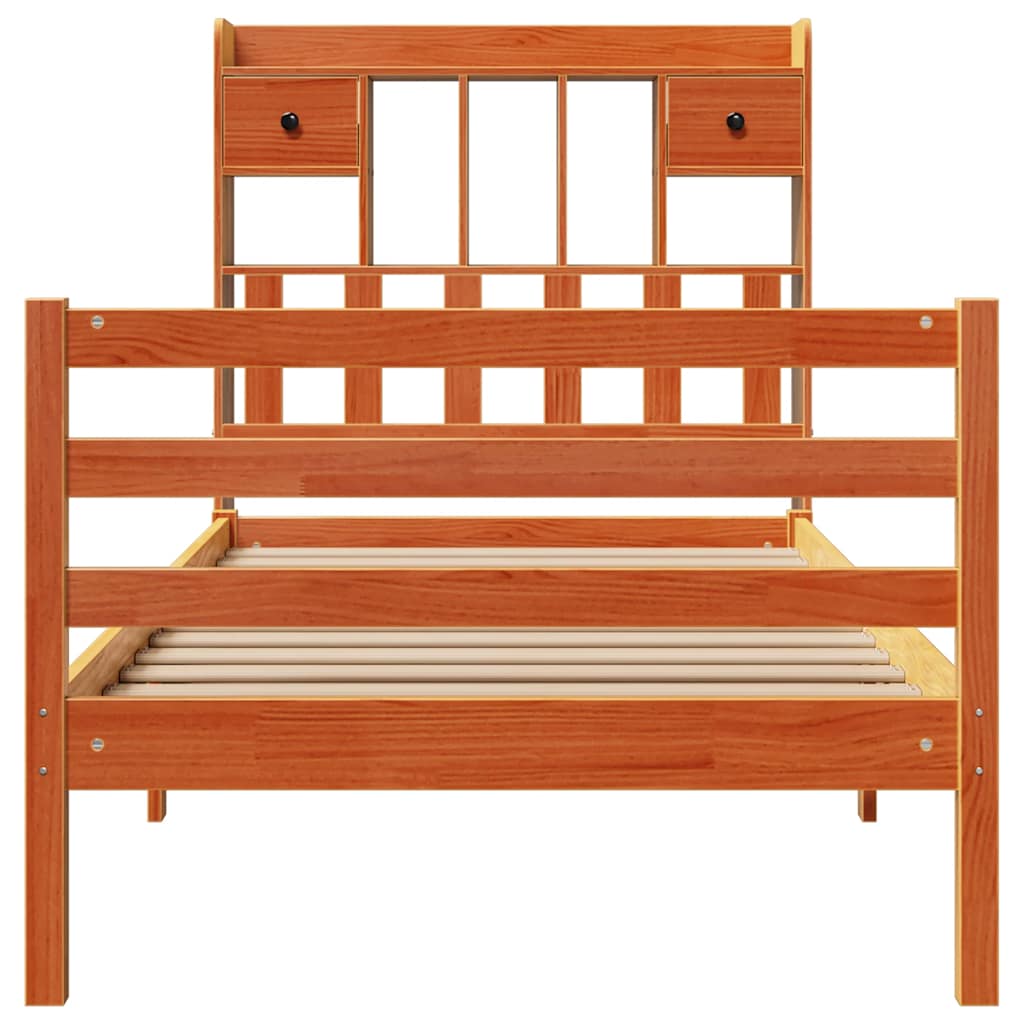 barna tömör fenyőfa könyvespolcos ágy matrac nélkül 75 x 190 cm