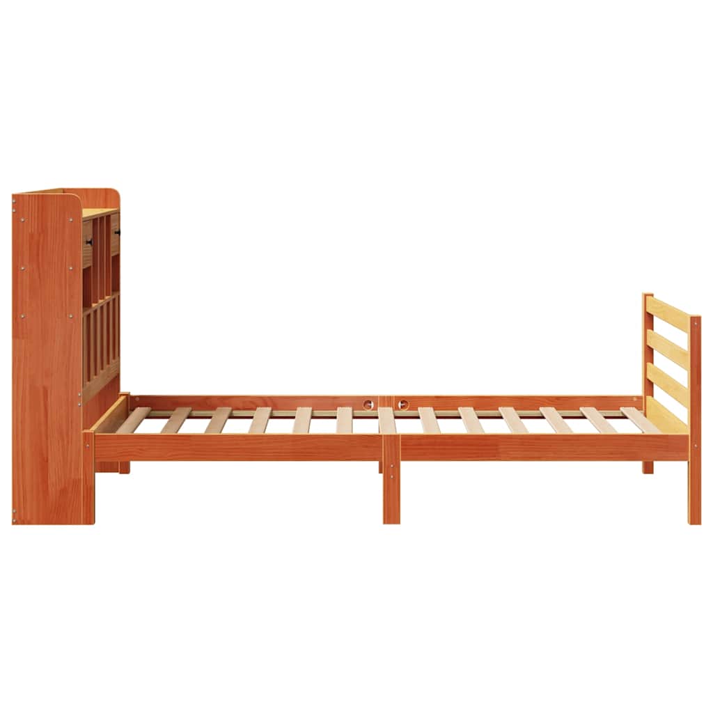 barna tömör fenyőfa könyvespolcos ágy matrac nélkül 75 x 190 cm