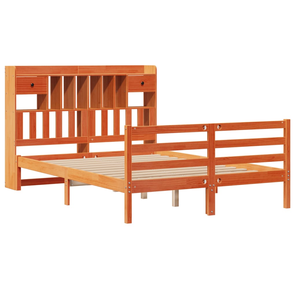 barna tömör fenyőfa könyvespolcos ágy matrac nélkül 150 x 200cm