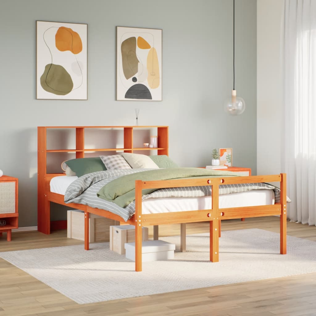 viaszbarna tömör fa könyvespolcos ágy matrac nélkül 120 x 190cm