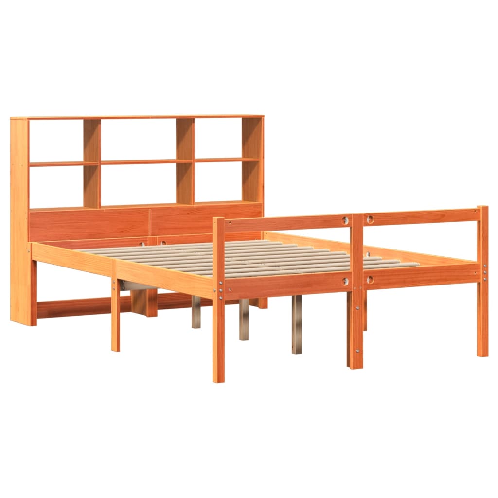 viaszbarna tömör fa könyvespolcos ágy matrac nélkül 135 x 190cm