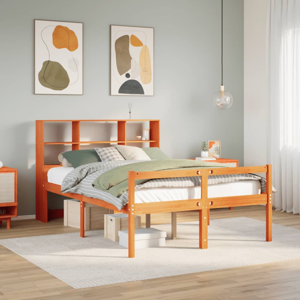 viaszbarna tömör fa könyvespolcos ágy matrac nélkül 140 x 190cm