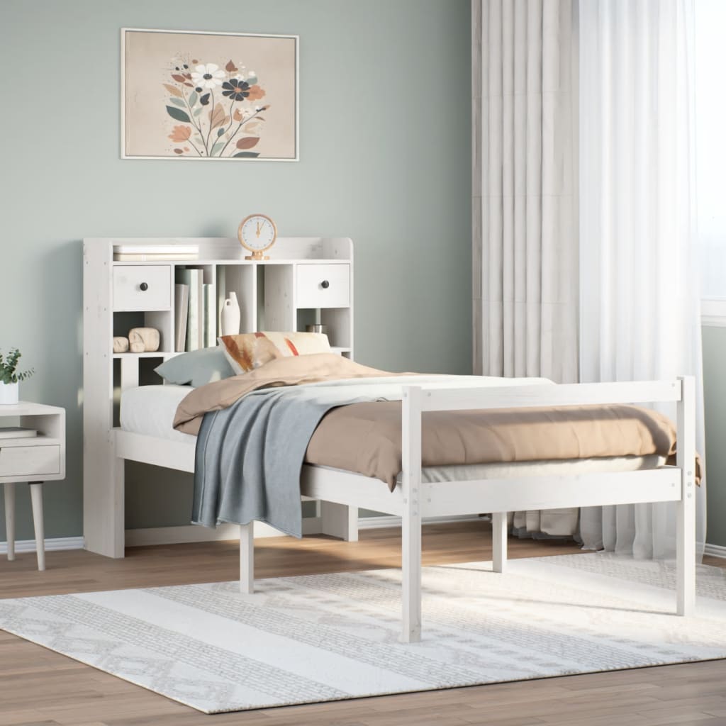 fehér tömör fenyőfa könyvespolcos ágy matrac nélkül 90 x 190 cm