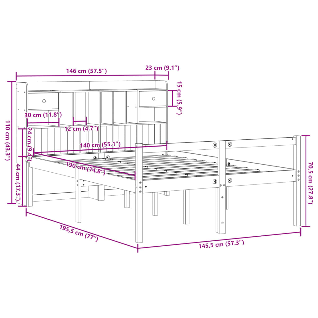 fehér tömör fenyőfa könyvespolcos ágy matrac nélkül 140x190 cm