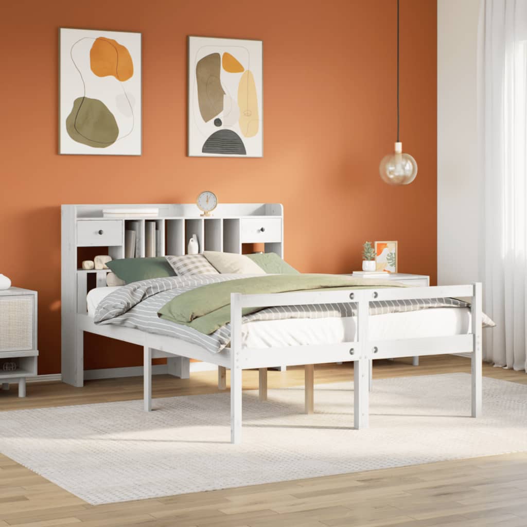 fehér tömör fenyőfa könyvespolcos ágy matrac nélkül 140x190 cm