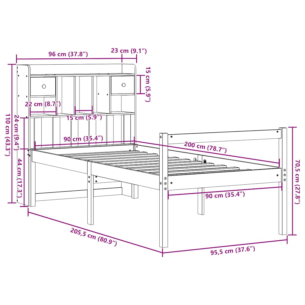 tömör fenyőfa könyvespolcos ágy matrac nélkül 90 x 200 cm