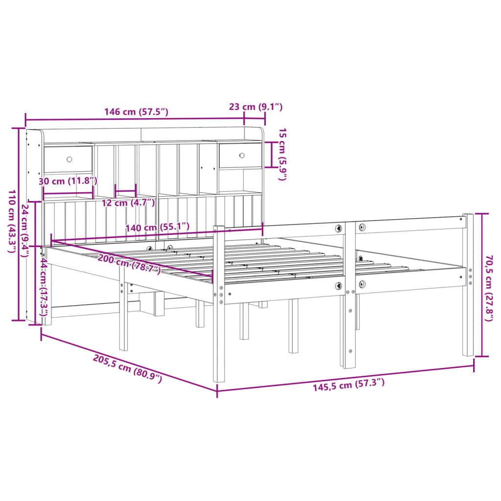 fehér tömör fenyőfa könyvespolcos ágy matrac nélkül 140x200 cm