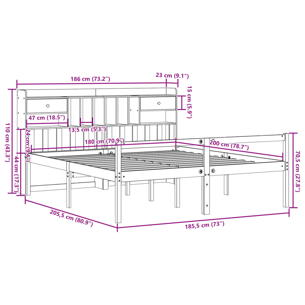 fehér tömör fenyőfa könyvespolcos ágy matrac nélkül 180x200 cm
