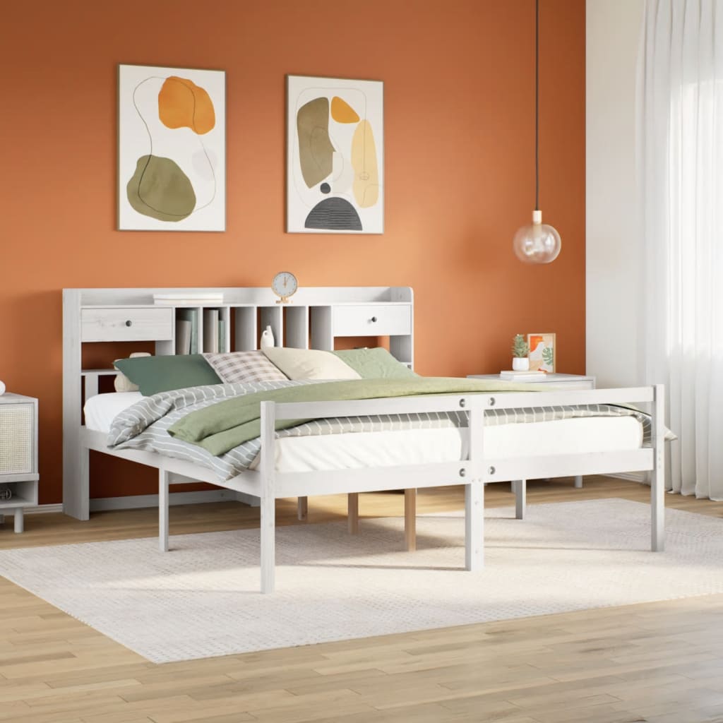 fehér tömör fenyőfa könyvespolcos ágy matrac nélkül 180x200 cm