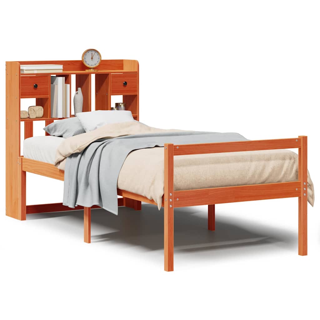 barna tömör fenyőfa könyvespolcos ágy matrac nélkül 75 x 190 cm