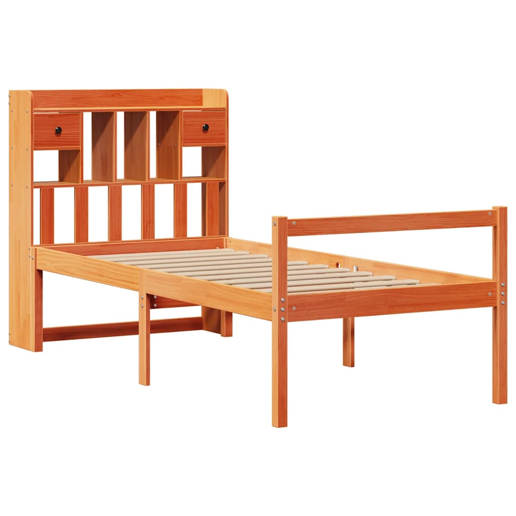 barna tömör fenyőfa könyvespolcos ágy matrac nélkül 75 x 190 cm