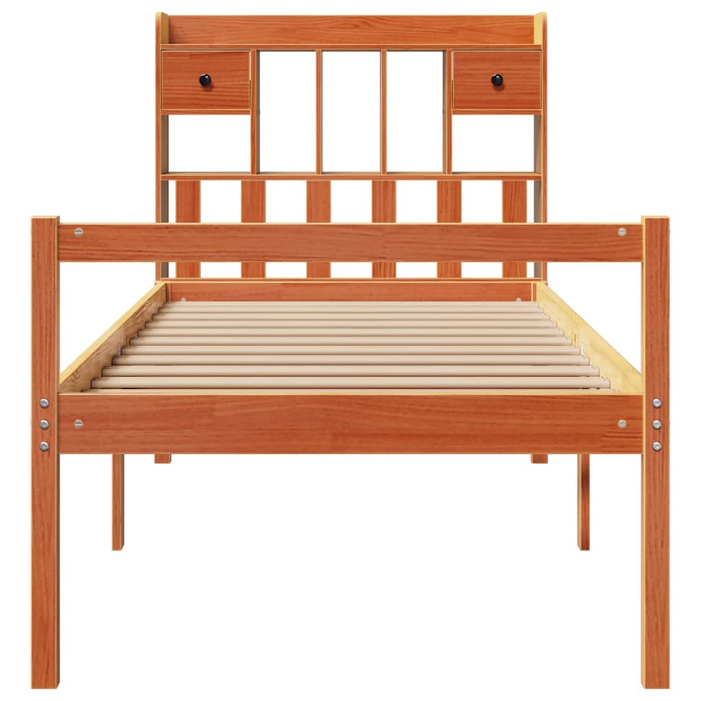 barna tömör fenyőfa könyvespolcos ágy matrac nélkül 75 x 190 cm
