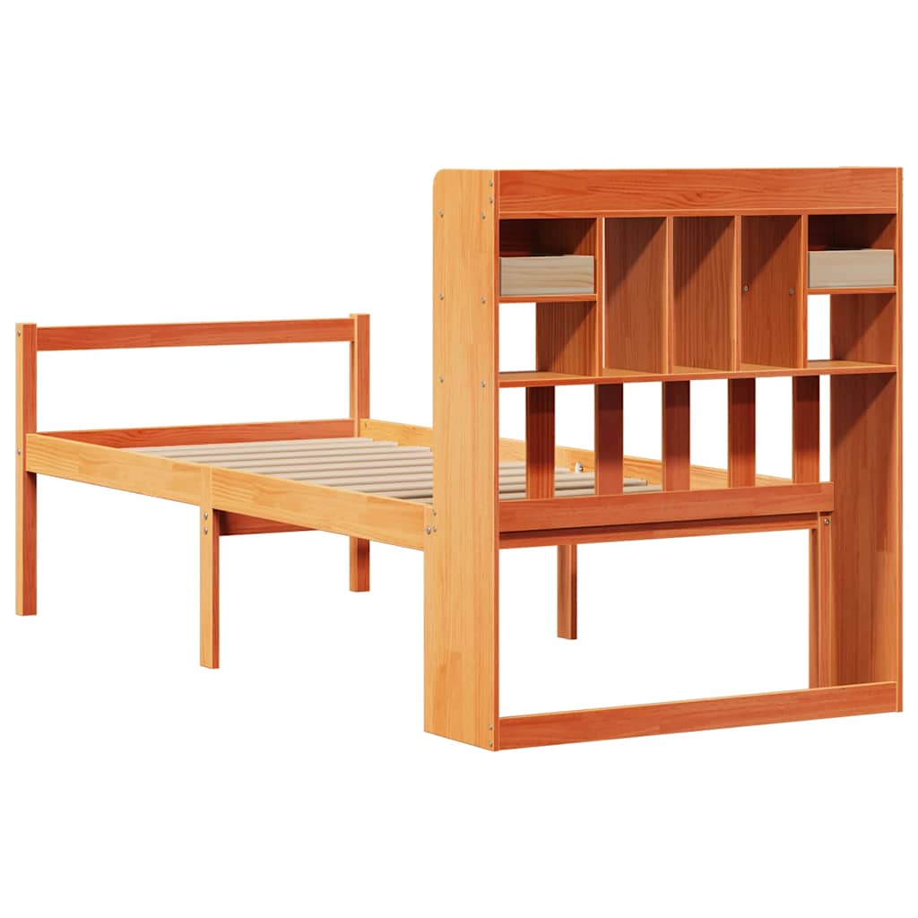 barna tömör fenyőfa könyvespolcos ágy matrac nélkül 75 x 190 cm