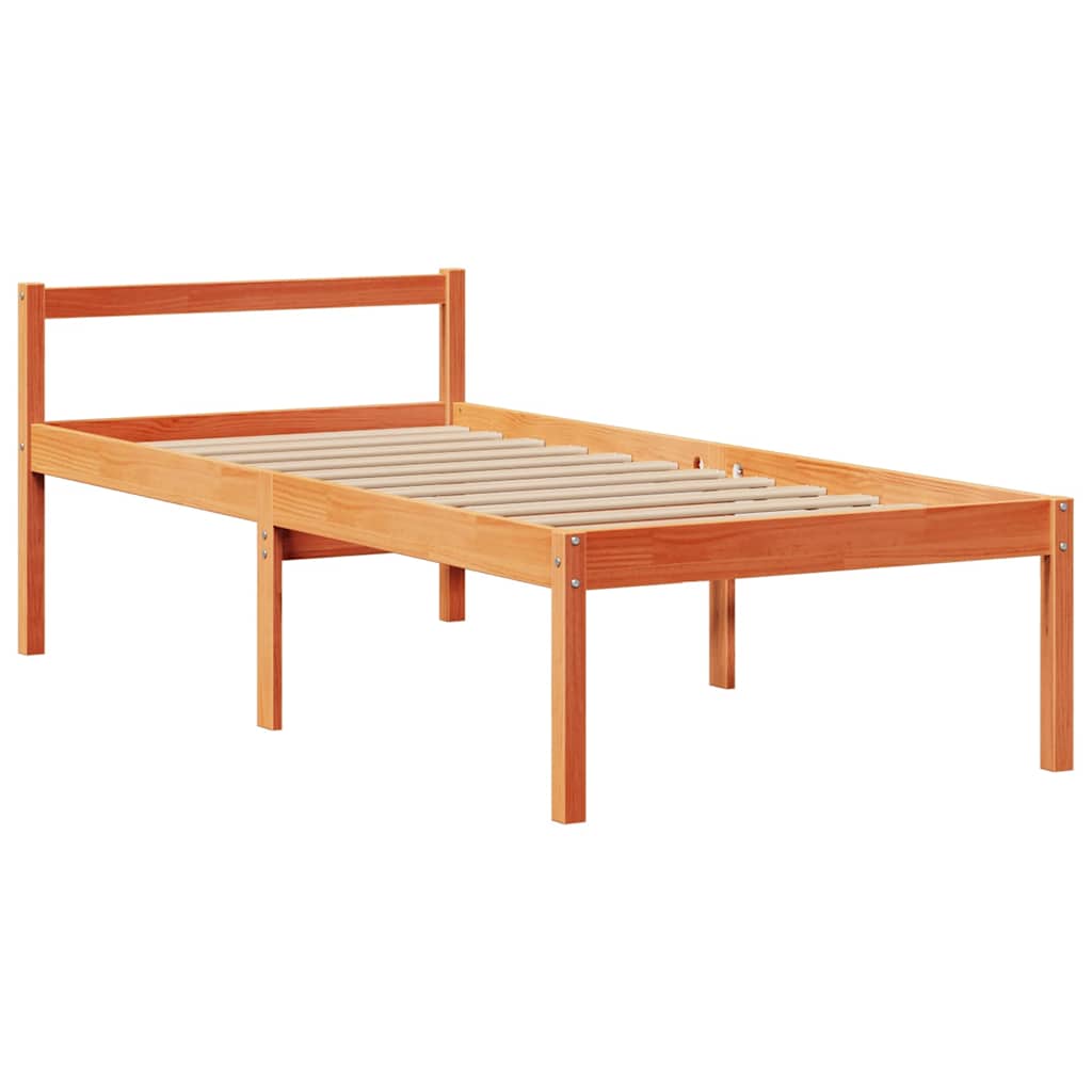 barna tömör fenyőfa könyvespolcos ágy matrac nélkül 75 x 190 cm