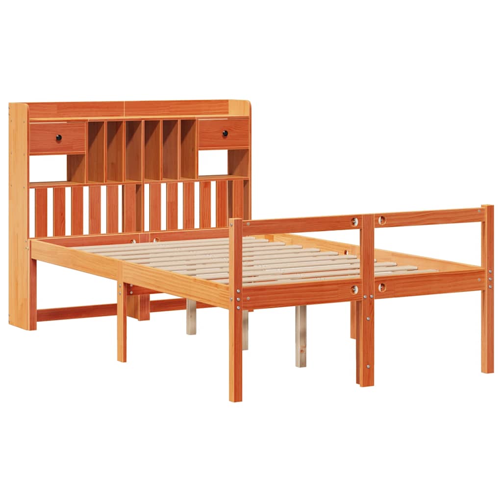 barna tömör fenyőfa könyvespolcos ágy matrac nélkül 135 x 190cm