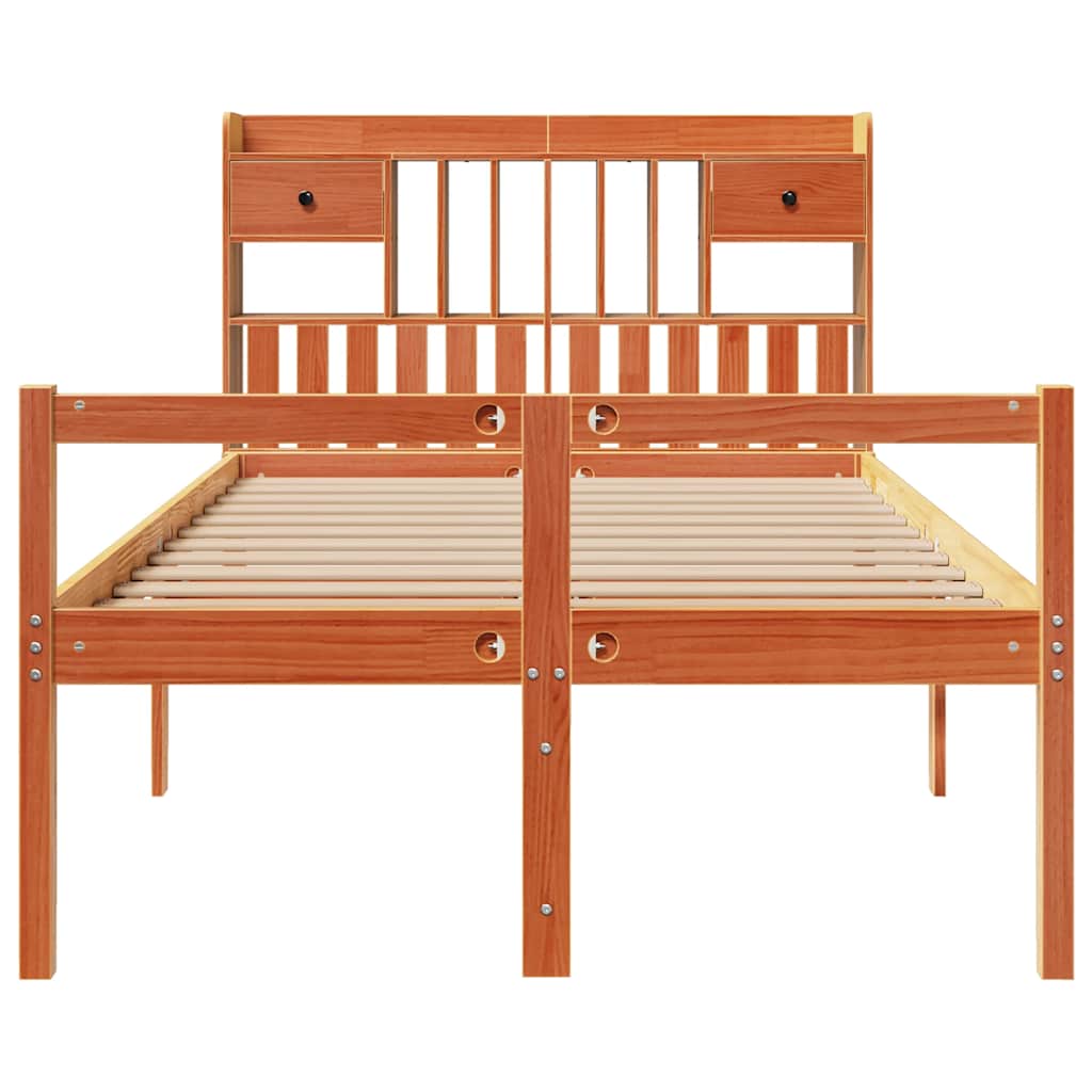 barna tömör fenyőfa könyvespolcos ágy matrac nélkül 135 x 190cm