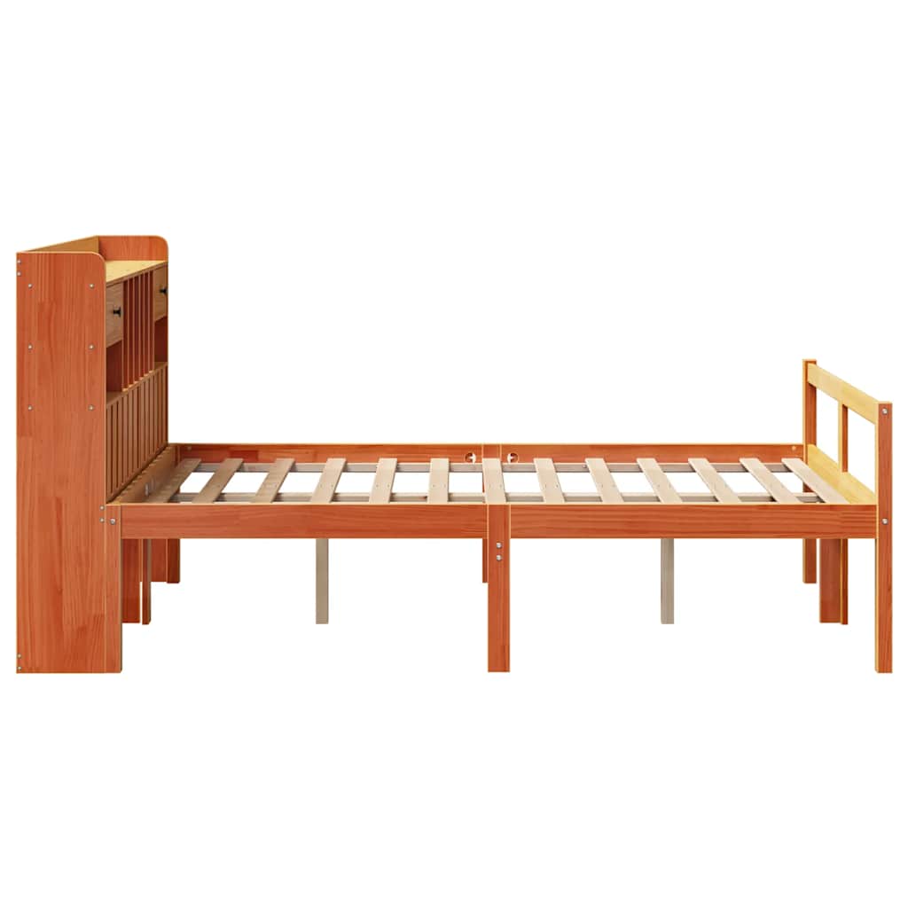 barna tömör fenyőfa könyvespolcos ágy matrac nélkül 135 x 190cm
