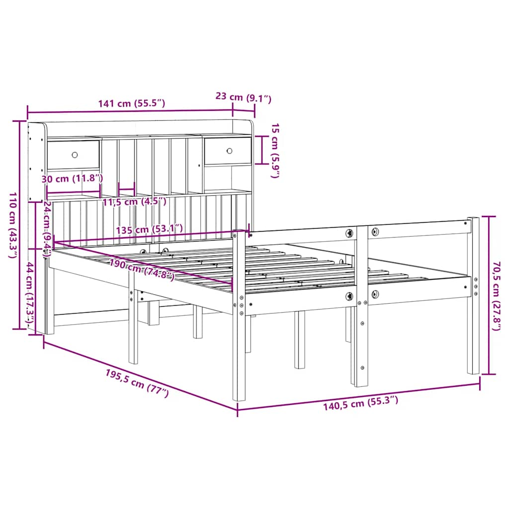 barna tömör fenyőfa könyvespolcos ágy matrac nélkül 135 x 190cm