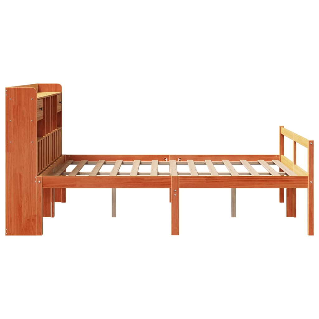 barna tömör fenyőfa könyvespolcos ágy matrac nélkül 150 x 200cm