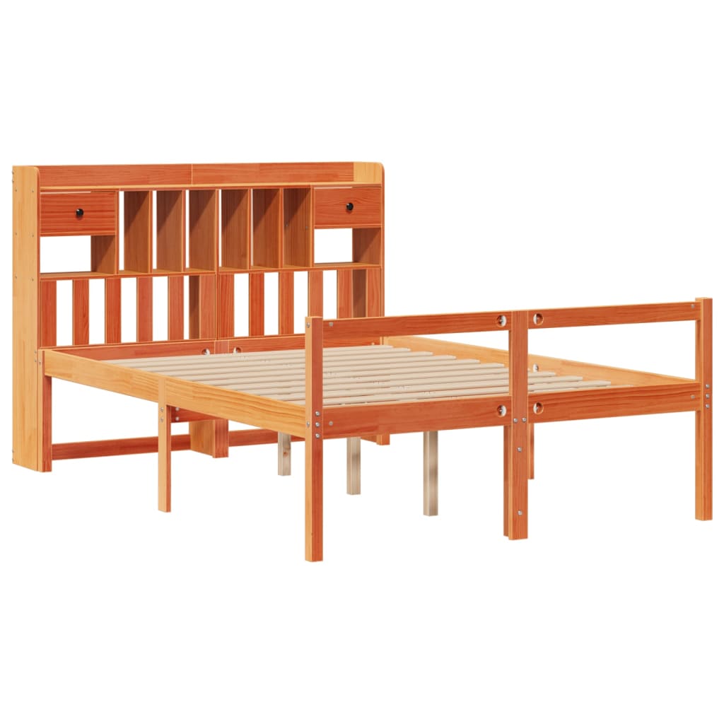 barna tömör fenyőfa könyvespolcos ágy matrac nélkül 160 x 200cm