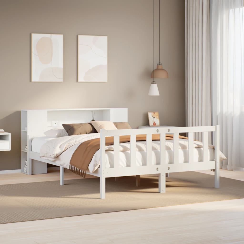 fehér tömör fenyőfa könyvespolcos ágy matrac nélkül 150x200 cm