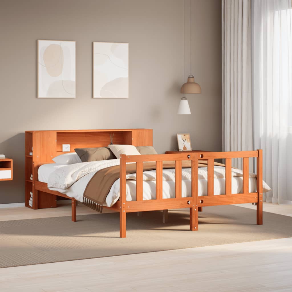 viaszbarna tömör fa könyvespolcos ágy matrac nélkül 150 x 200cm