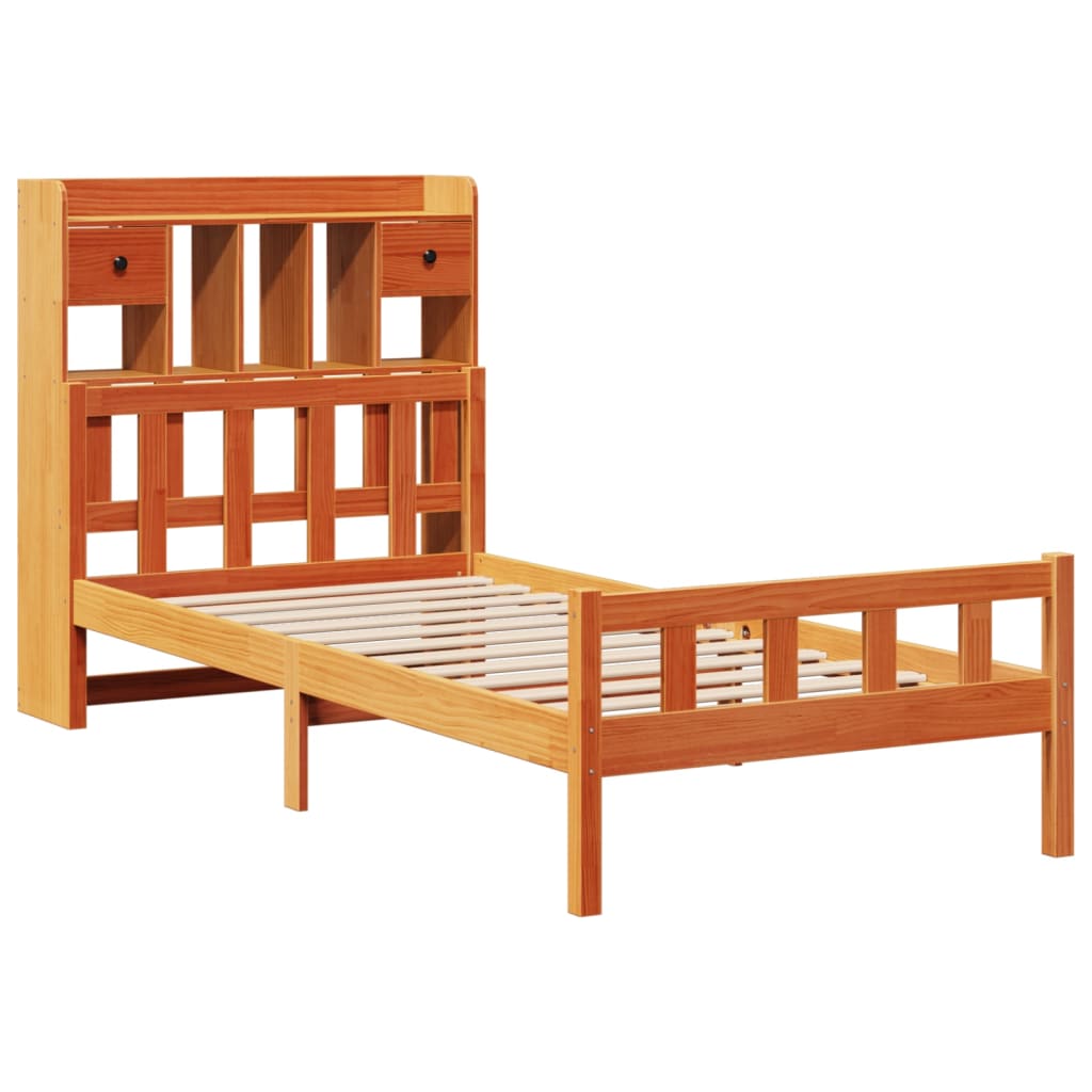 barna tömör fenyőfa könyvespolcos ágy matrac nélkül 75 x 190 cm