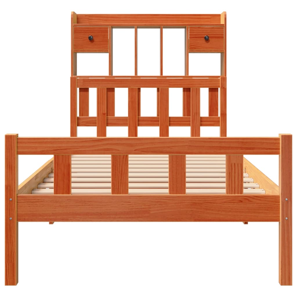 barna tömör fenyőfa könyvespolcos ágy matrac nélkül 75 x 190 cm