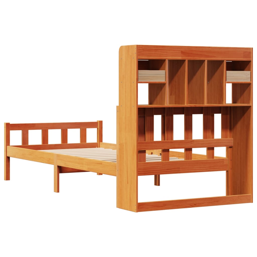 barna tömör fenyőfa könyvespolcos ágy matrac nélkül 75 x 190 cm