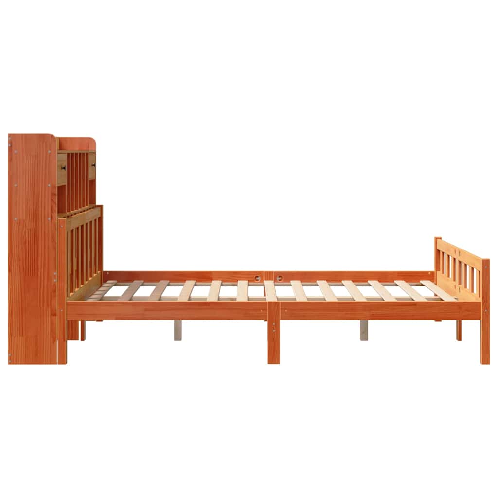 barna tömör fenyőfa könyvespolcos ágy matrac nélkül 150 x 200cm