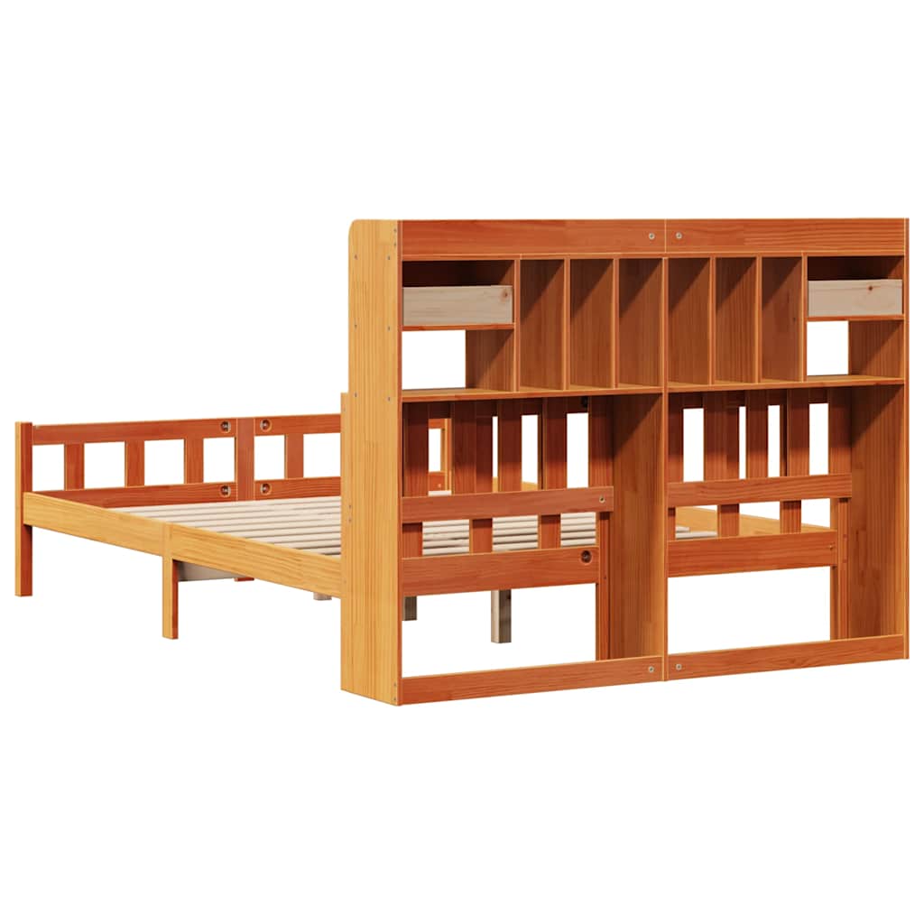 barna tömör fenyőfa könyvespolcos ágy matrac nélkül 150 x 200cm