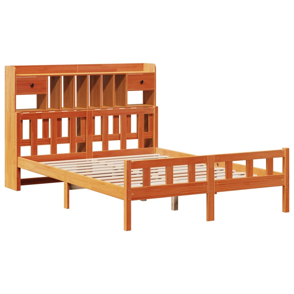 barna tömör fenyőfa könyvespolcos ágy matrac nélkül 160 x 200cm
