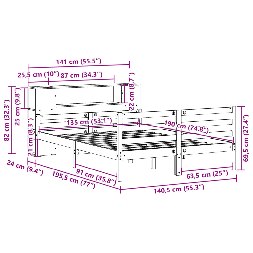 tömör fenyőfa könyvespolcos ágy matrac nélkül 135 x 190 cm