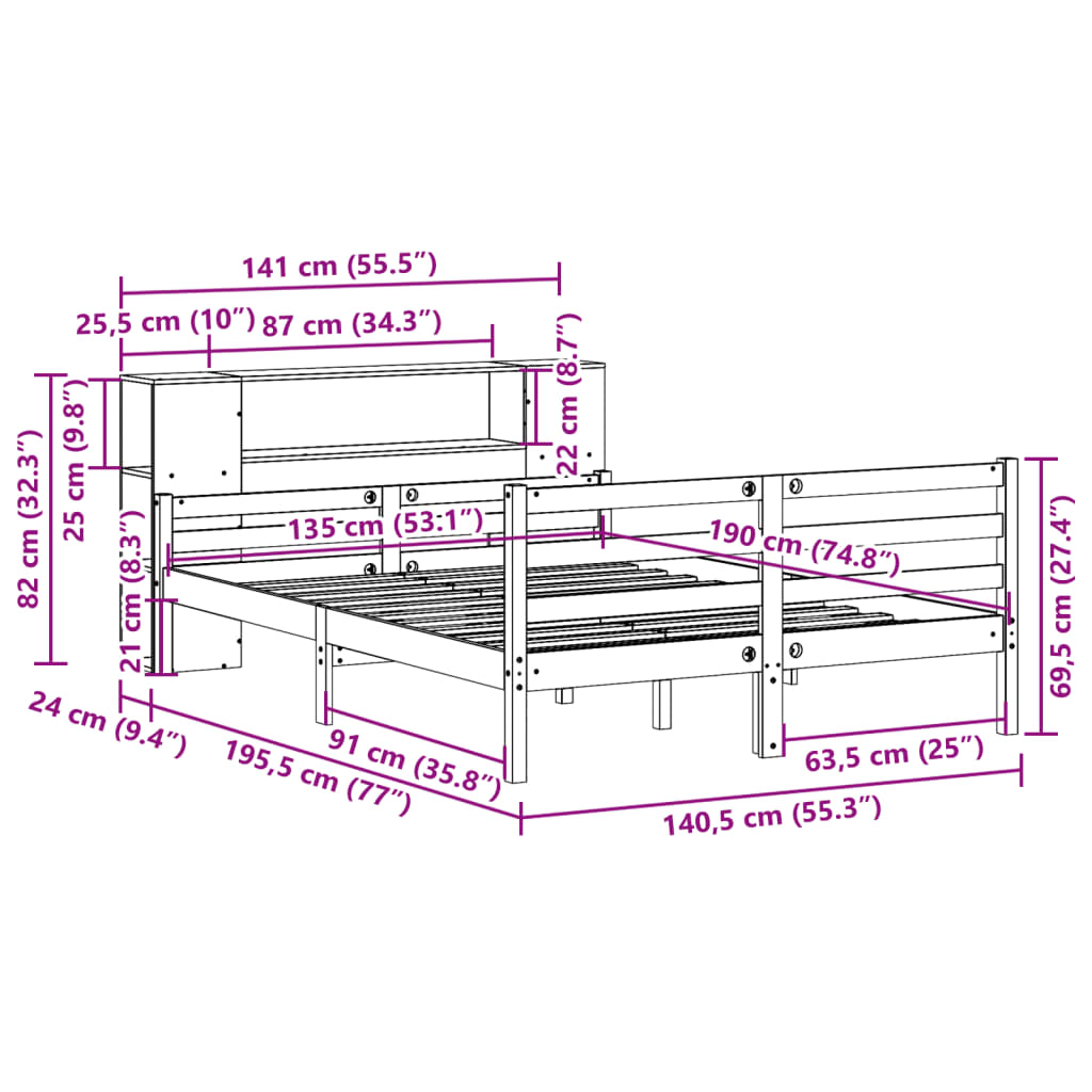 fehér tömör fenyőfa könyvespolcos ágy matrac nélkül 135x190 cm