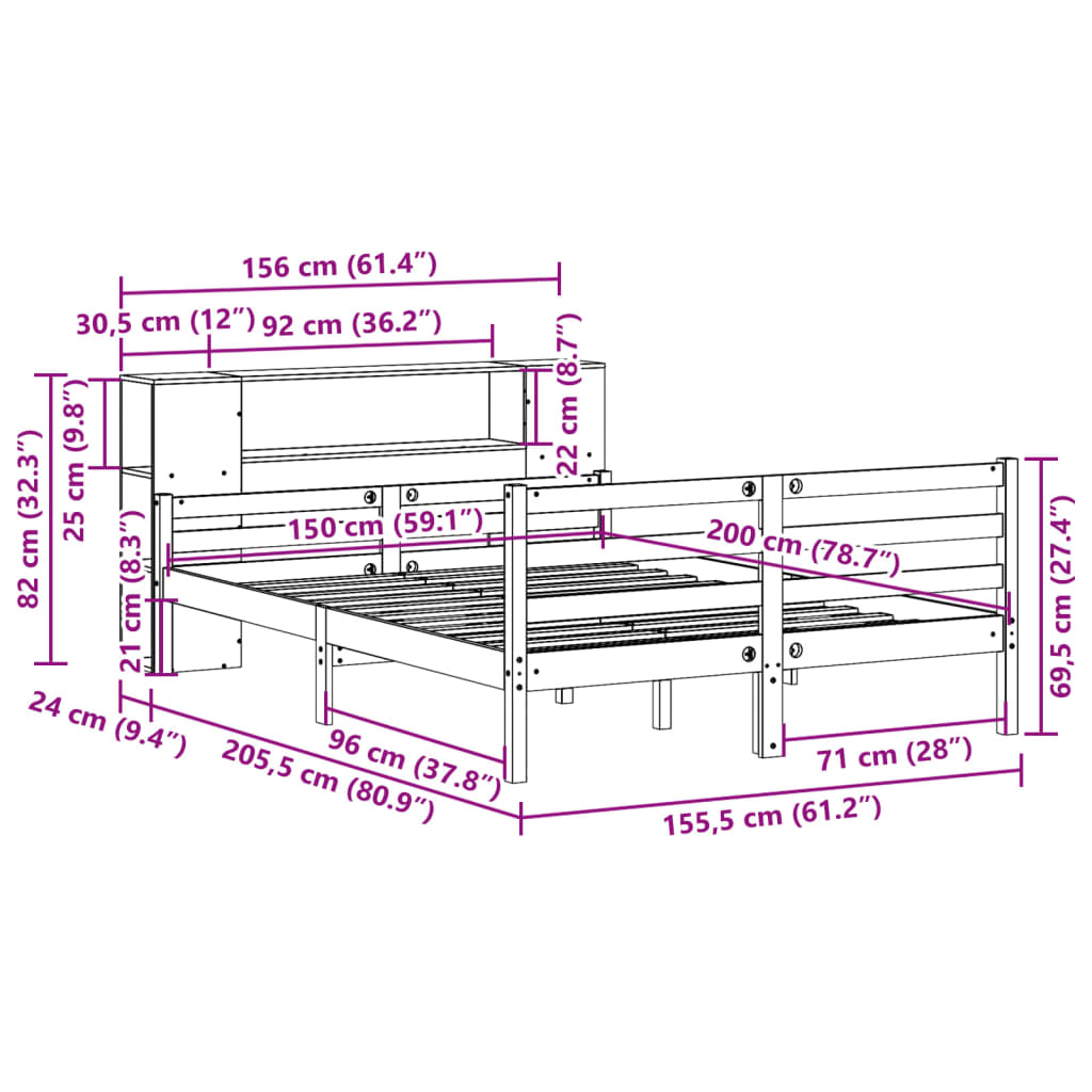 fehér tömör fenyőfa könyvespolcos ágy matrac nélkül 150x200 cm
