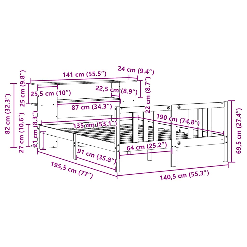 tömör fenyőfa könyvespolcos ágy matrac nélkül 135 x 190 cm