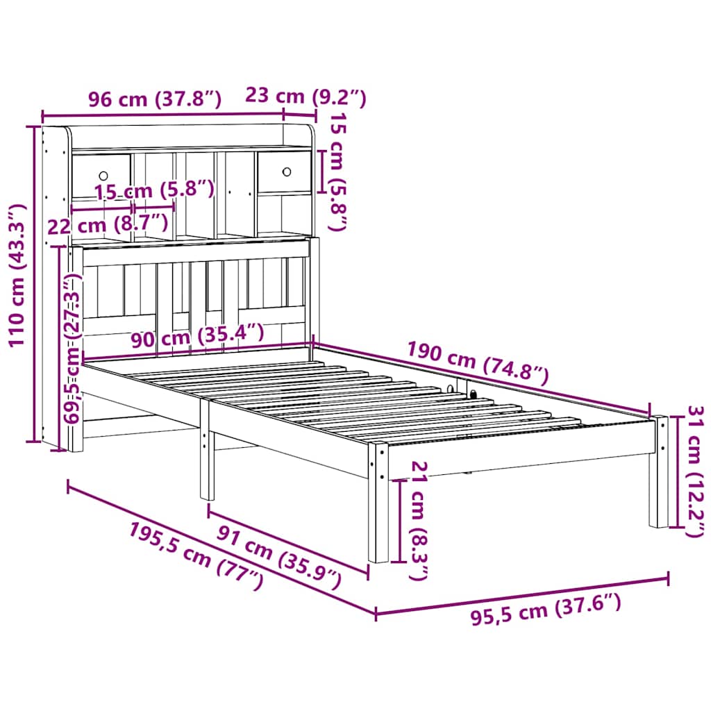 tömör fenyőfa könyvespolcos ágy matrac nélkül 90 x 190 cm