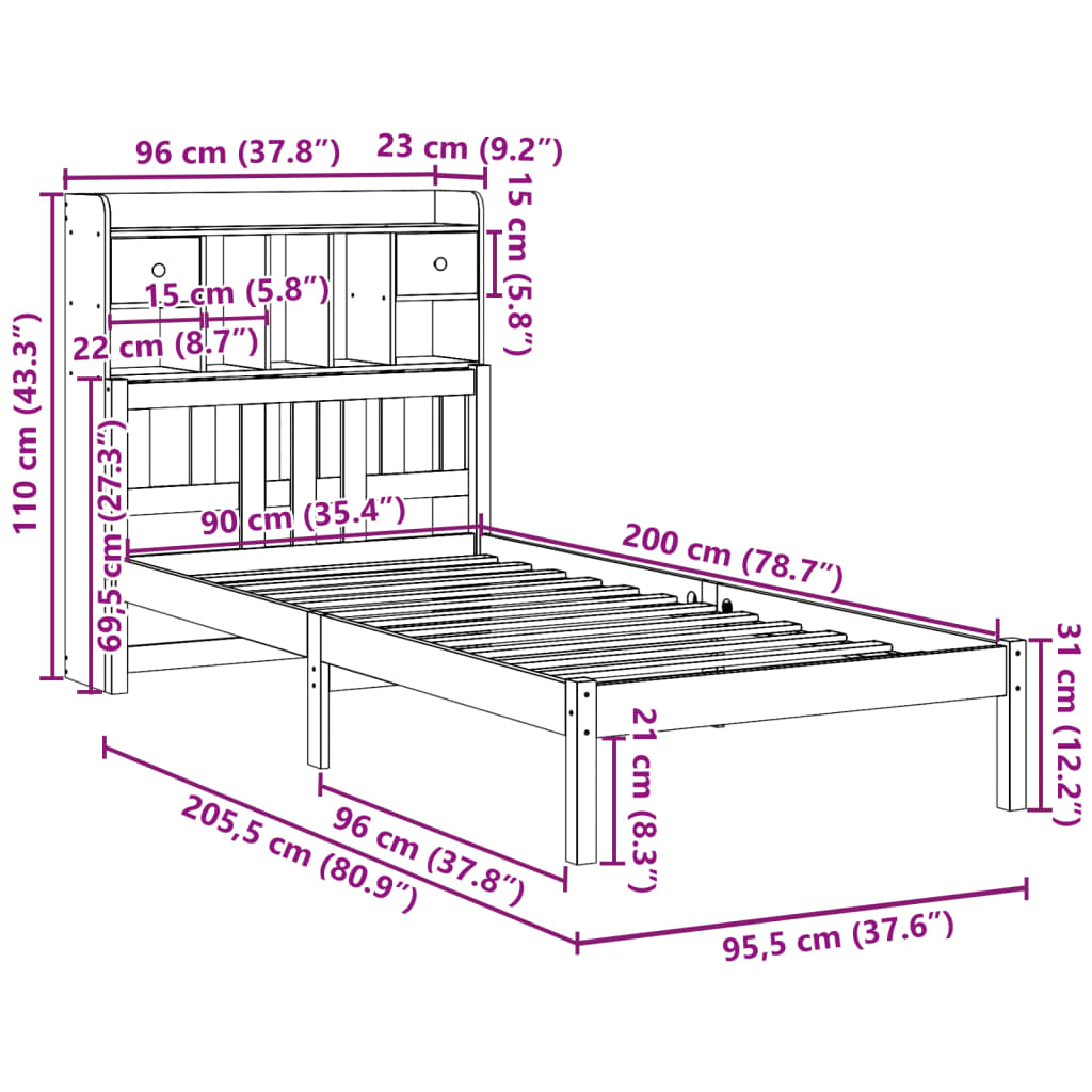 fehér tömör fenyőfa könyvespolcos ágy matrac nélkül 90 x 200 cm