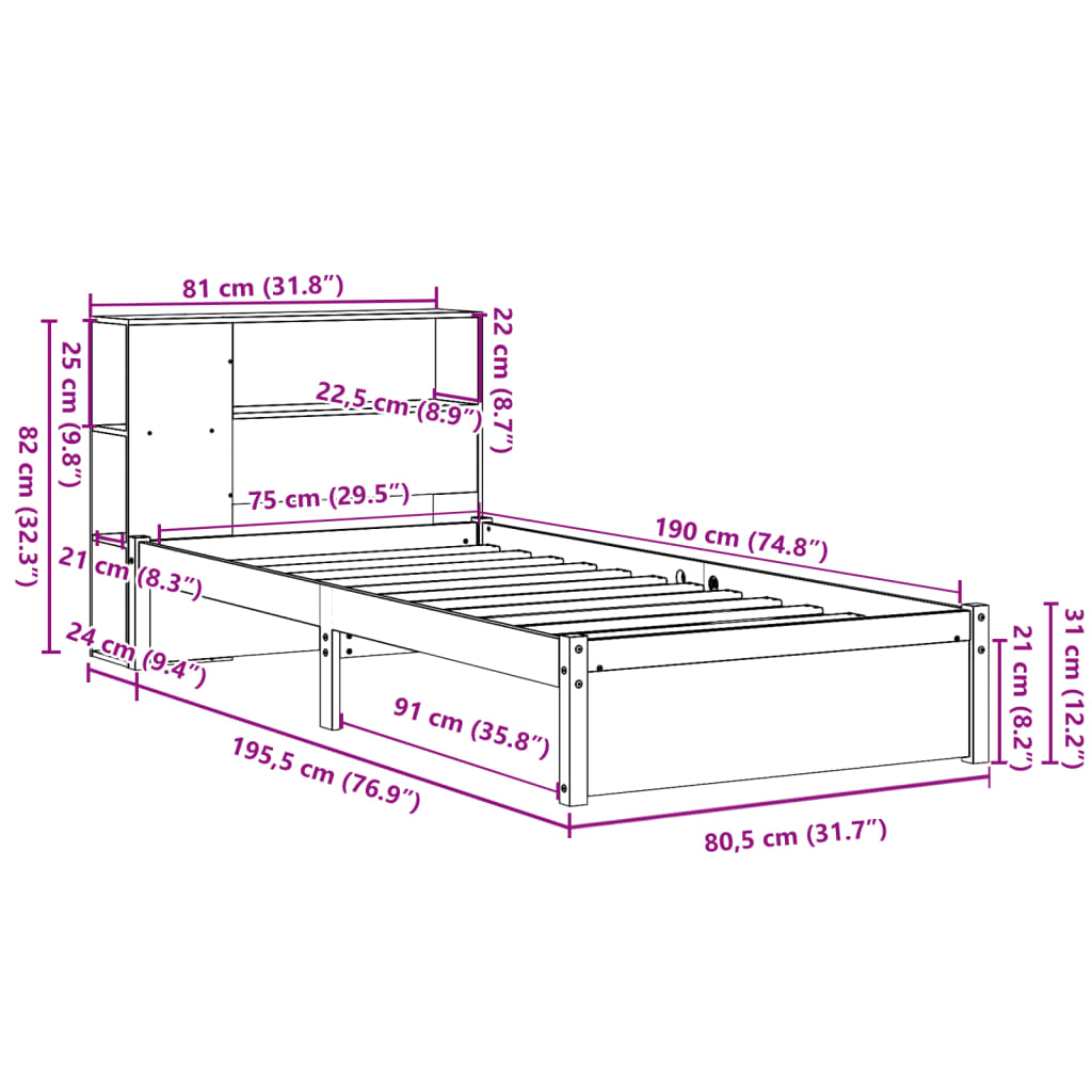 tömör fenyőfa könyvespolcos ágy matrac nélkül 75 x 190 cm