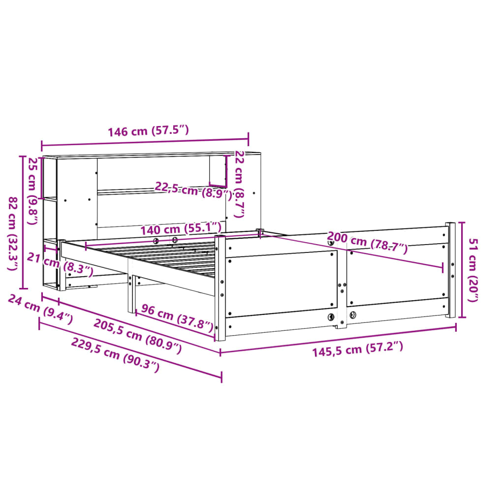 fehér tömör fenyőfa könyvespolcos ágy matrac nélkül 140x200 cm