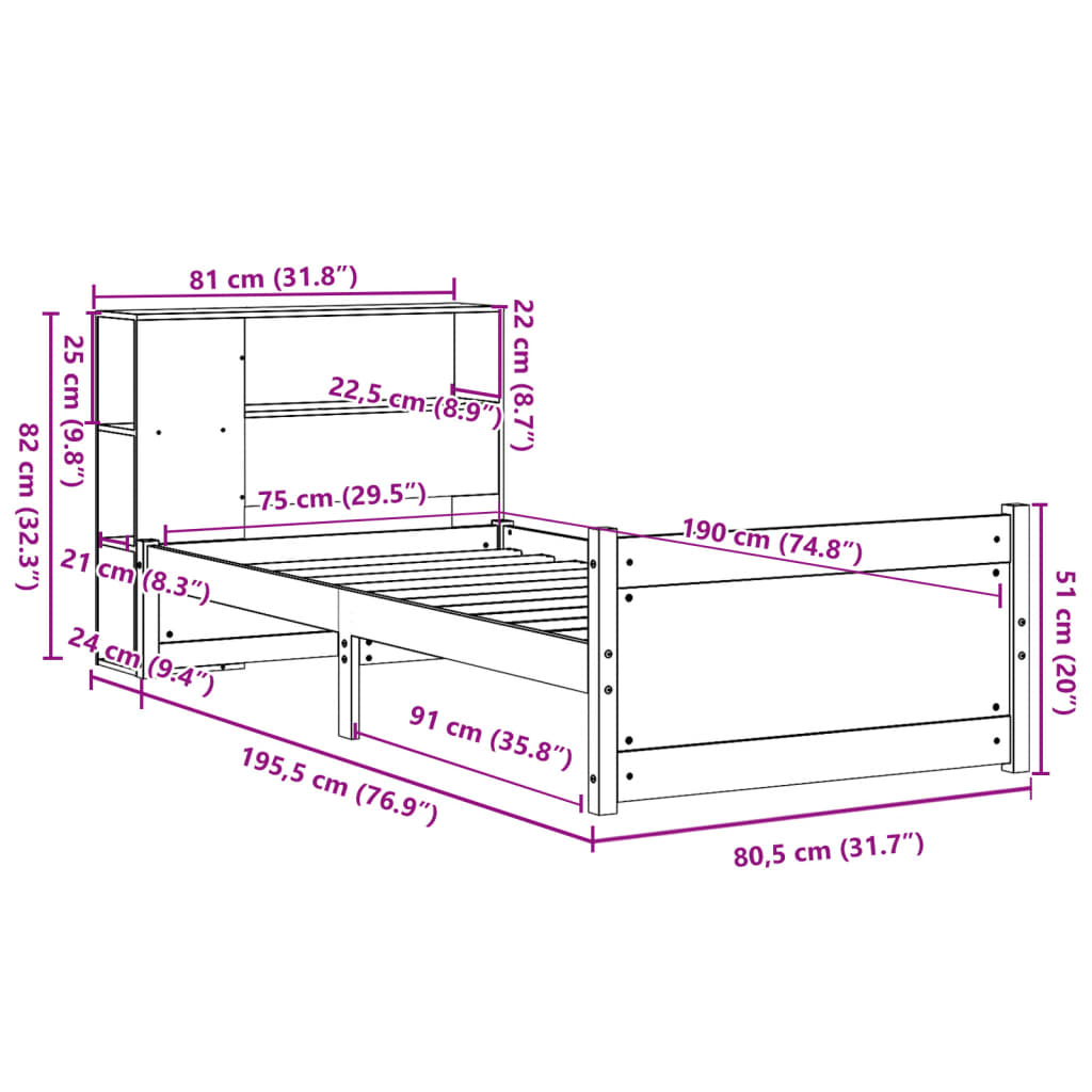 tömör fenyőfa könyvespolcos ágy matrac nélkül 75 x 190 cm