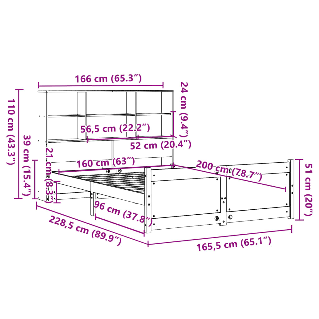 fehér tömör fenyőfa könyvespolcos ágy matrac nélkül 160x200 cm