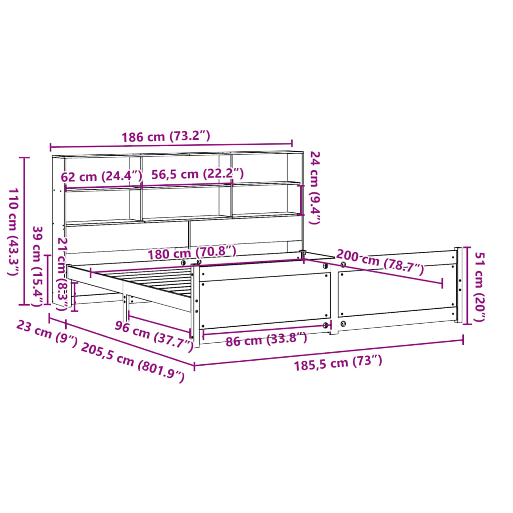 fehér tömör fenyőfa könyvespolcos ágy matrac nélkül 180x200 cm