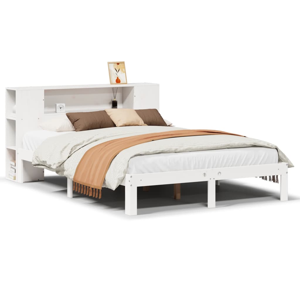 fehér tömör fenyőfa könyvespolcos ágy matrac nélkül 135x190 cm