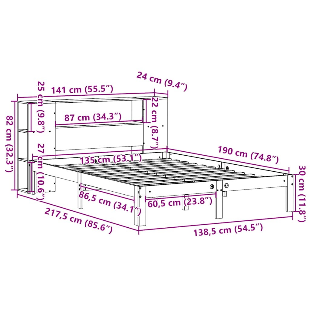 fehér tömör fenyőfa könyvespolcos ágy matrac nélkül 135x190 cm