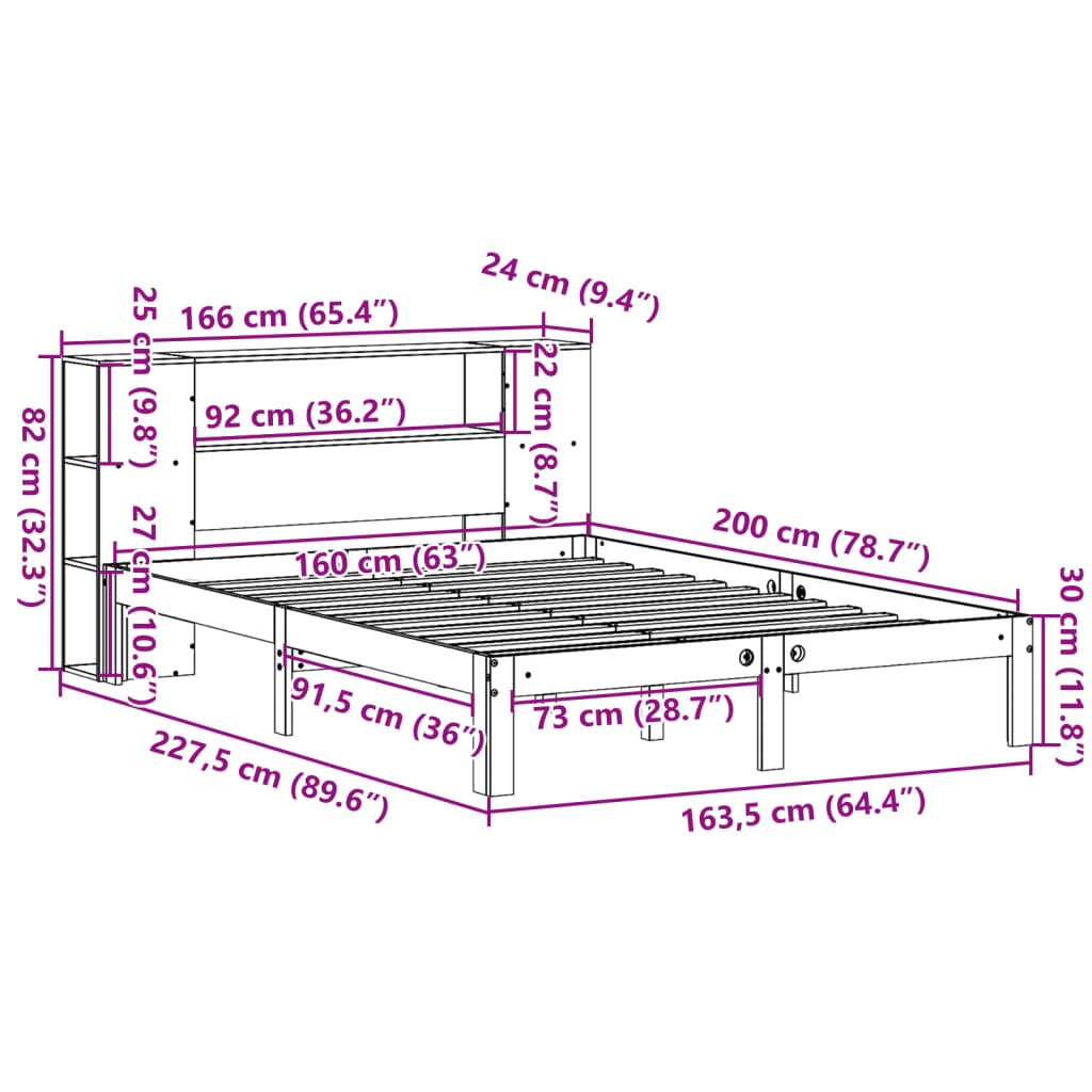 fehér tömör fenyőfa könyvespolcos ágy matrac nélkül 160x200 cm
