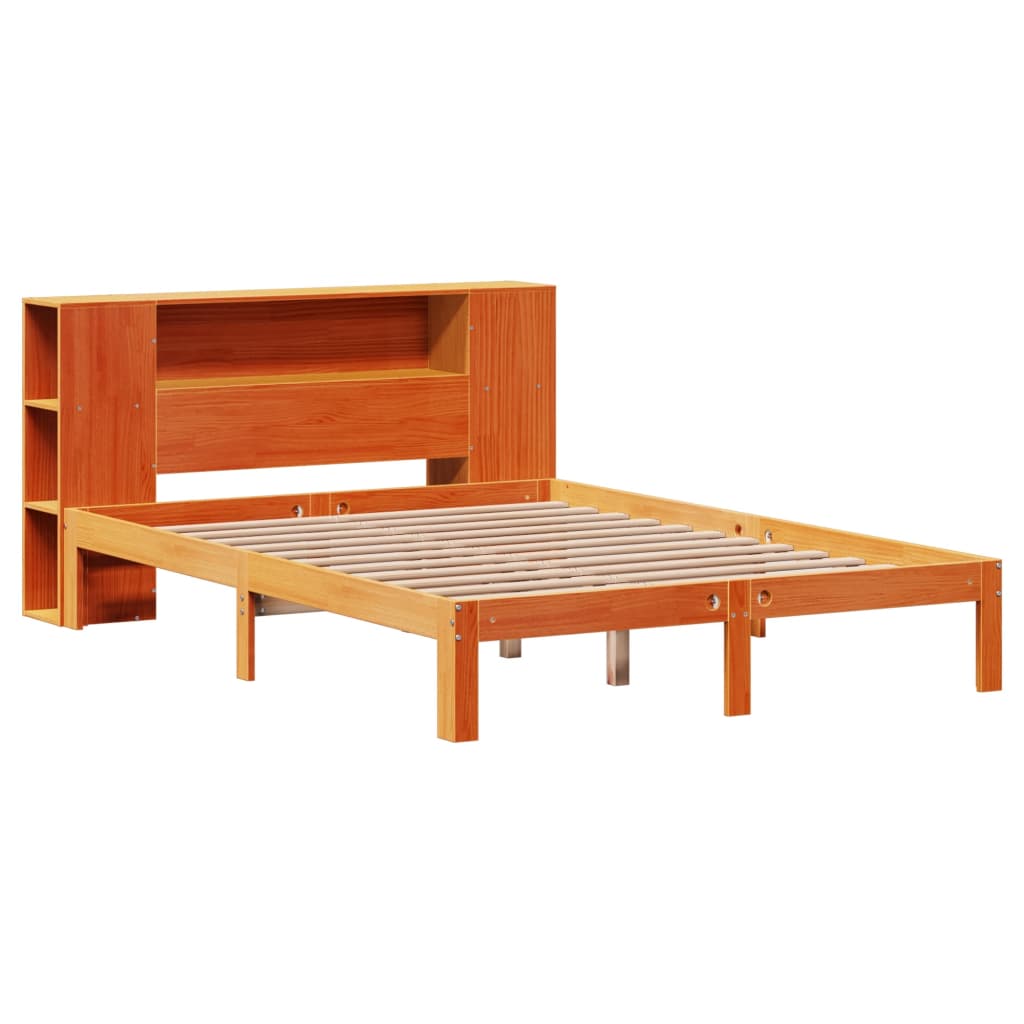 barna tömör fenyőfa könyvespolcos ágy matrac nélkül 135 x 190cm