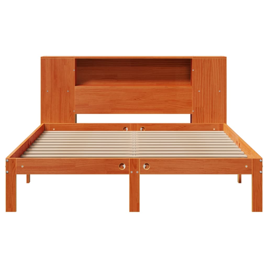 barna tömör fenyőfa könyvespolcos ágy matrac nélkül 135 x 190cm