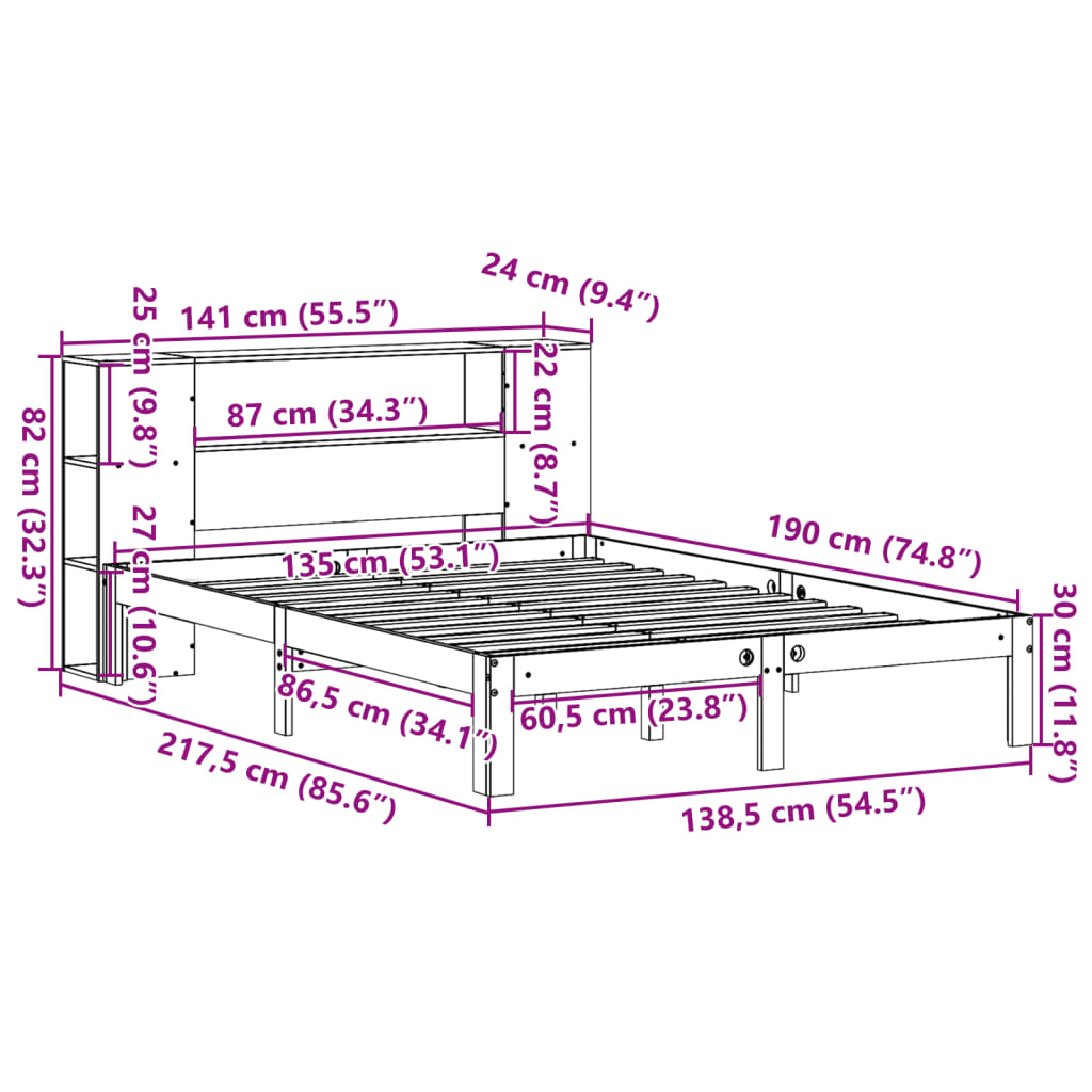 barna tömör fenyőfa könyvespolcos ágy matrac nélkül 135 x 190cm